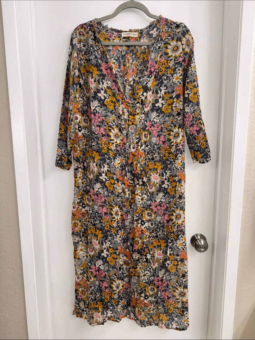 NATURAL LIFE Floral Button-Front Midi Dress in Mustard, Pink & Gray